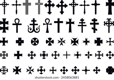 large set of different religious Christian crosses black isolated white background