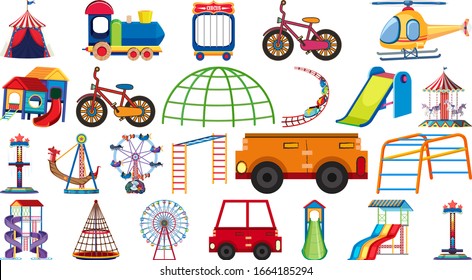 Large set of different rides and transportations on white background illustration