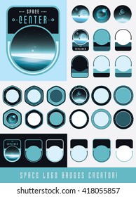 Large set of different shape frames in blue, white and black hues and four universe theme illustrations with planets and comets. Vector logo badges