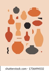 Large set of different shapes of decorative vases and pots vector illustration. Minimalist shapes in pastel colors. Contemporary art for home decor. Design element for poster, cover, brochure.