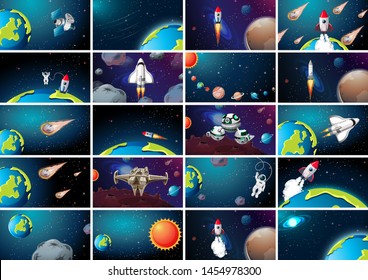 Large set of different space scenes illustration