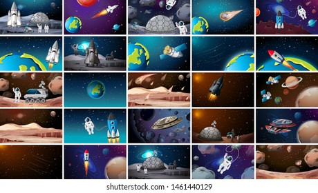 Large set of different space scenes illustration