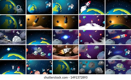 Large set of different space scenes illustration