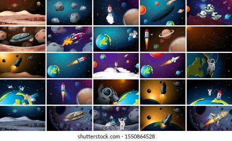 Large set of different space scenes illustration