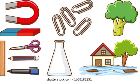 Large set of different stationaries and other items on white background illustration