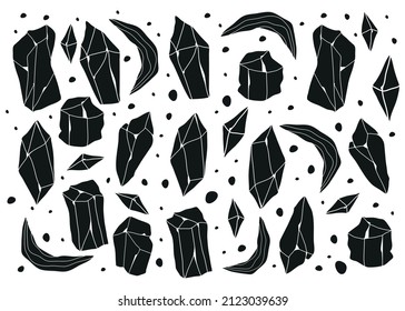 A large set of different stones and crystals. Symbols of witchcraft and magic. Spiritualistic seances. Ingredients for making potions. Moon. A symbol of the feminine principle. Jewelry. Print. Alchemy