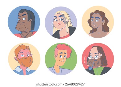 Um grande conjunto de diferentes avatares estilizados de desenhos animados de pessoas em quadros redondos