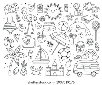 Large set of different summer items in black and white doodle style isolated on white background. Vector doodle illustration.
