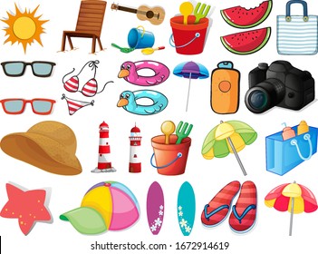 Large set of different summer objects on white background illustration