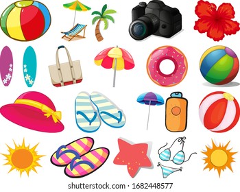 Large set of different summer objects on white background illustration