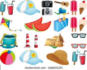 Large set of different summer objects on white background illustration