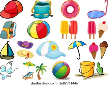 Large set of different summer objects on white background illustration