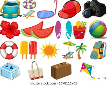 Large set of different summer objects on white background illustration