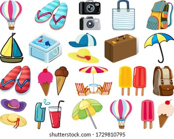 Large set of different summer objects on white background illustration