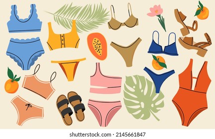 Un gran juego de sandalias y bañeras en un fondo claro. Atributos de verano, hojas, flores y frutas. Diseño plano, dibujos a mano, ilustración vectorial.