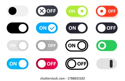 Large set of different switches on off. On and Off Toggle switch button vector format. Toggle slide for mobile app, social media. Modern Devices User Interface Mockup or Template