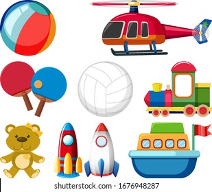 Large set different toys on white background illustration