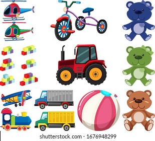 Large set different toys on white background illustration