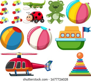 Large set different toys on white background illustration