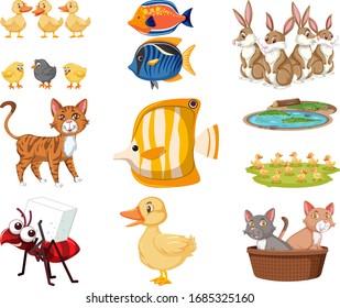 Large set different toys on white background illustration