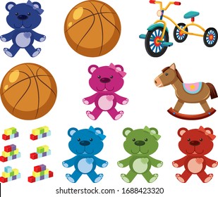 Large set different toys on white background illustration