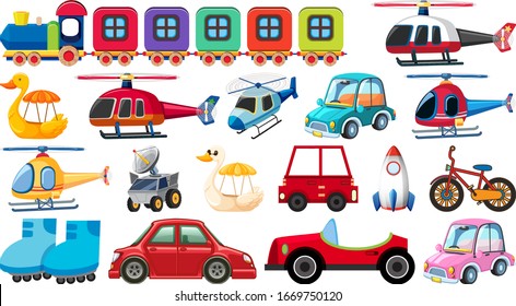 Large set of different transportations on white background illustration