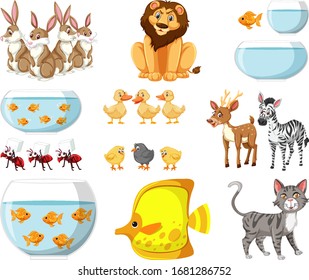 Large set of different types of animals on white background illustration