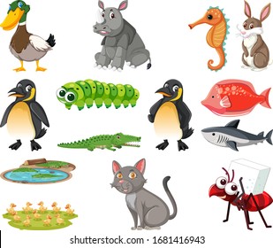 Large set of different types of animals on white background illustration