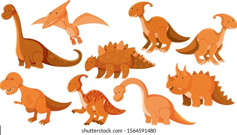 Large set of different types of dinosaurs in orange illustration