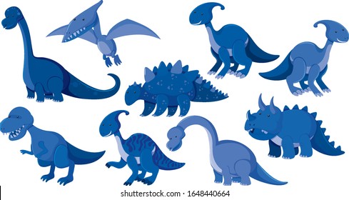 Large set of different types of dinosaurs in blue illustration