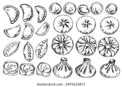 a large set of different types of dumplings, khinkali. illustration in sketch style. frozen food, convenience foods