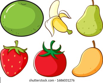Large set of different types of fruits and vegetables on white background illustration