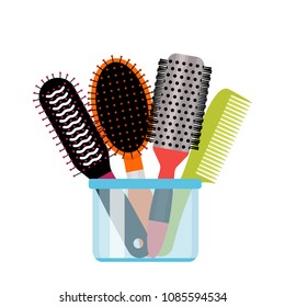 A large set of different types of hairbrushes in a glass. The concept of beauty salons and a hairdresser. Vector illustration isolated on white background