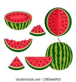 A large set of different watermelons whole, half, piece, bite piece. logo on a white background. flat isolated vector illustration for web and print