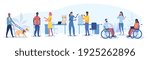 Large set of disabled people in the workplace with a blind man and dog, girl with prosthetics and wheel chair users, flat cartoon colored vector illustration