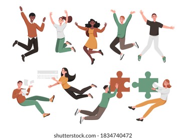 Large set of diverse active people jumping and leaping or floating with business accessories and puzzle pieces conceptual of teamwork isolated on white for design elements, colored vector illustration