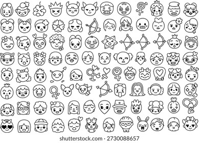Un Grande conjunto de diversos rostros de dibujos animados y emojis con diversas expresiones y diseños