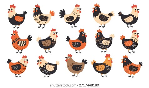 Grande conjunto de diversos pollos y gallos dibujados a mano en varios colores y patrones aislados sobre un fondo blanco.