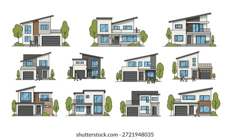 Grande conjunto de diversos diseños de casas modernas con techos planos y ventanas Grandes muestra varios estilos arquitectónicos y diseños.
