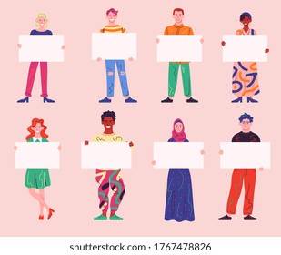 Large set of diverse people holding up blank white placards or posters to their chests, colored vector illustration