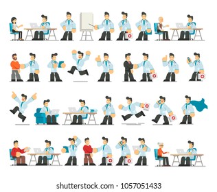 Large set of doctor character poses, gestures and actions. Vector illustration flat design.