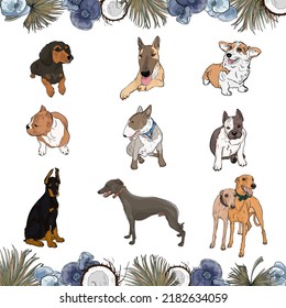 Large set of dog breeds in tropical flowers and leaves. Isolated elements, dachshund, greyhound, greyhound, bull terrier blank for designers, logo, icon