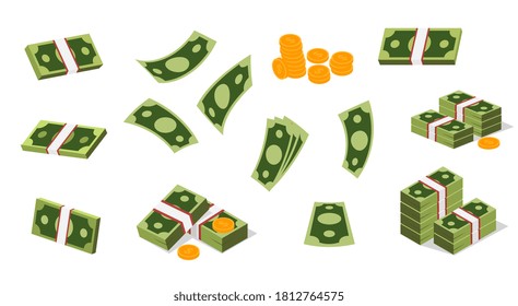 Large set of dollar icons for financial concepts with single banknotes, wads and bundles of bills and coins isolated on white, colored vector illustration