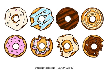 Large set of donuts with colorful glaze, sprinkles, chocolate. Flat cartoon style pastries. Vector elements for menu, cafe branding, promo banners, or food packaging design.