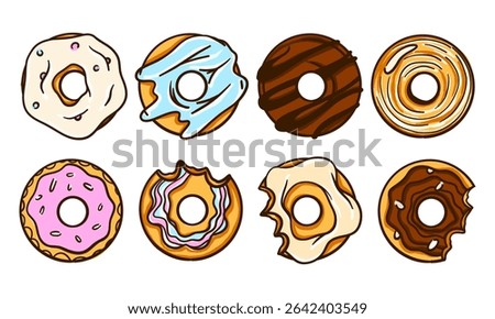 Large set of donuts with colorful glaze, sprinkles, chocolate. Flat cartoon style pastries. Vector elements for menu, cafe branding, promo banners, or food packaging design.