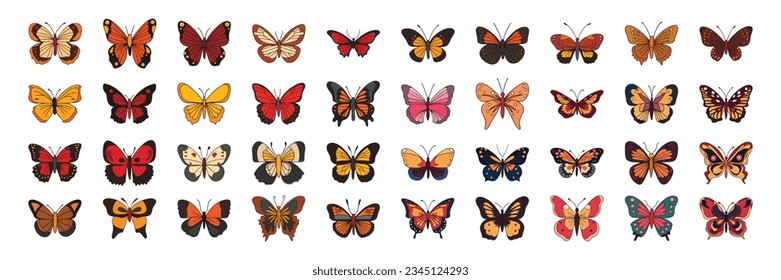 Large set of doodle butterflies. Collection of butterflies isolated on white background. Vector illustration.