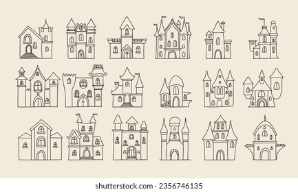 Large set of doodle castles. Hand drawn outline castle isolated on background. Vector illustration.