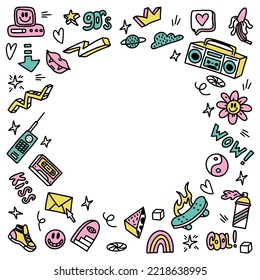 A large set of doodle drawings by hand. Frame with sketches in the style of the 90s. Template layout for 2k, retro wave
