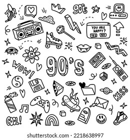 A large set of doodle drawings by hand. Sketches in the style of the 90s. 1990, cassette, videos, tape recorder, floppy disk