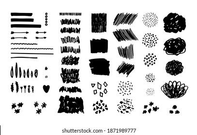 Large set of doodle elements. Strokes, lines, textures, points, flowers, heart, triangles, leaves, cupid arrows, circles. Vector for holiday and seasonal design. Hand-drawn. On white background.